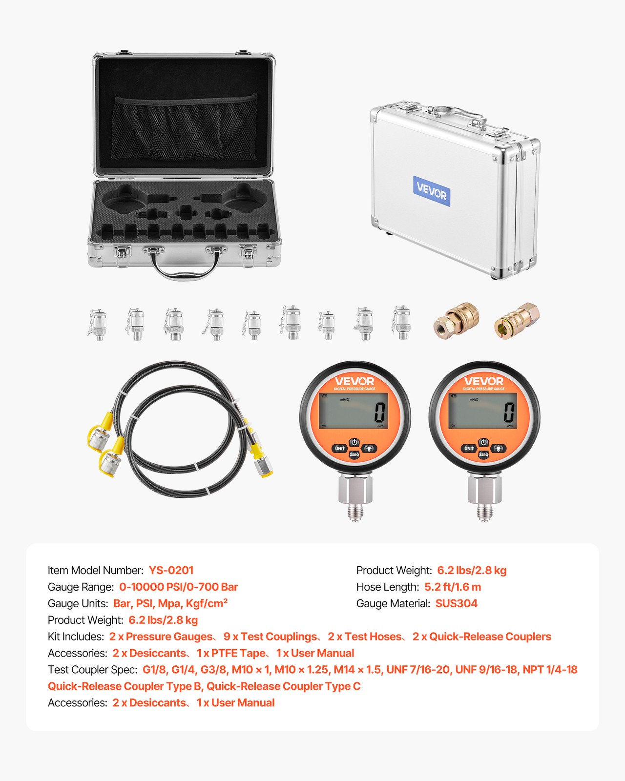 VEVOR Digital Hydraulic Pressure Test Coupling Kit 10000PSI 2 Gauges 9 Couplings