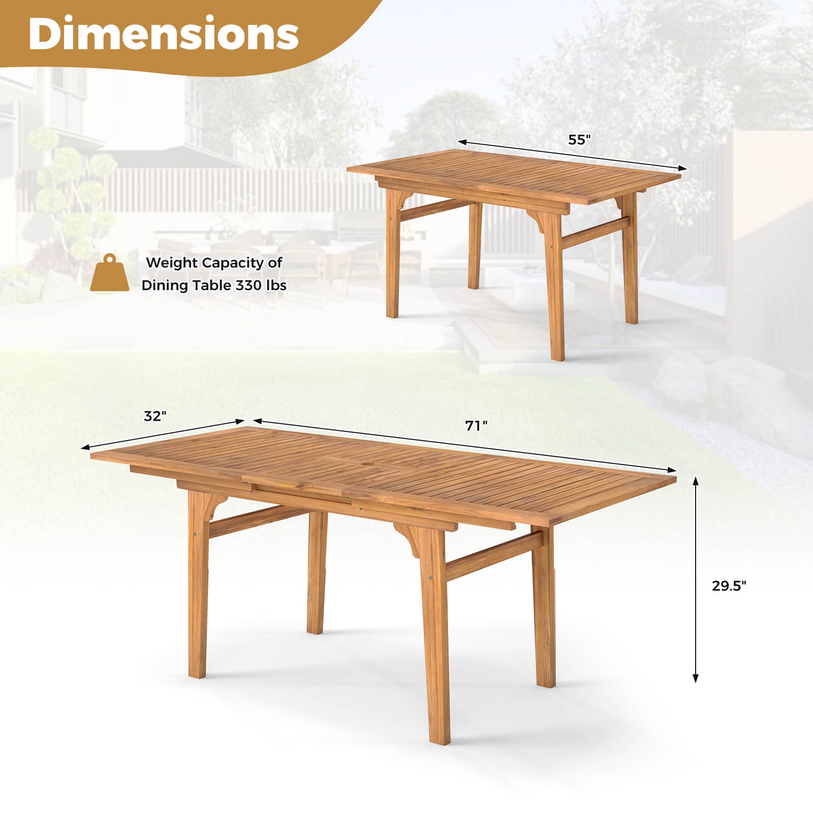 Expandable Outdoor Dining Table 55"-71" Acacia Wood Patio Table for 6-8 Person