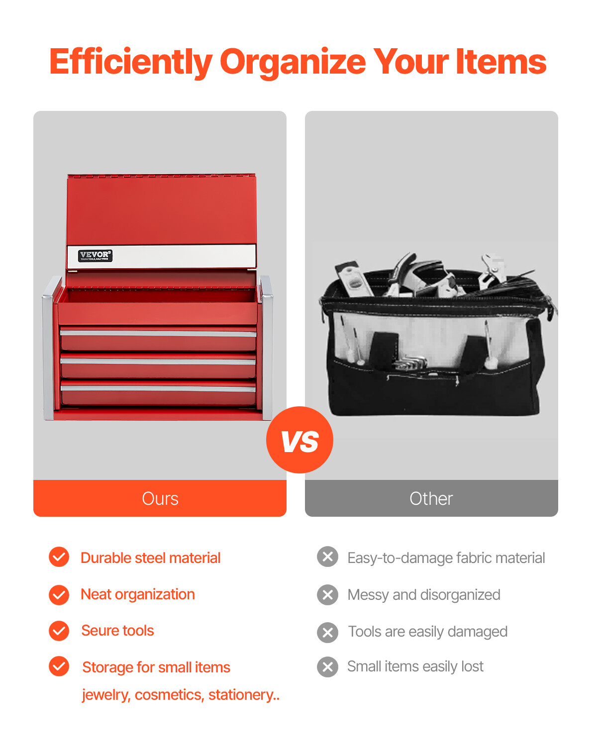 Tool Box 8.6-inch Portable Metal Tool Box 3 Drawers Tool Organizer Red