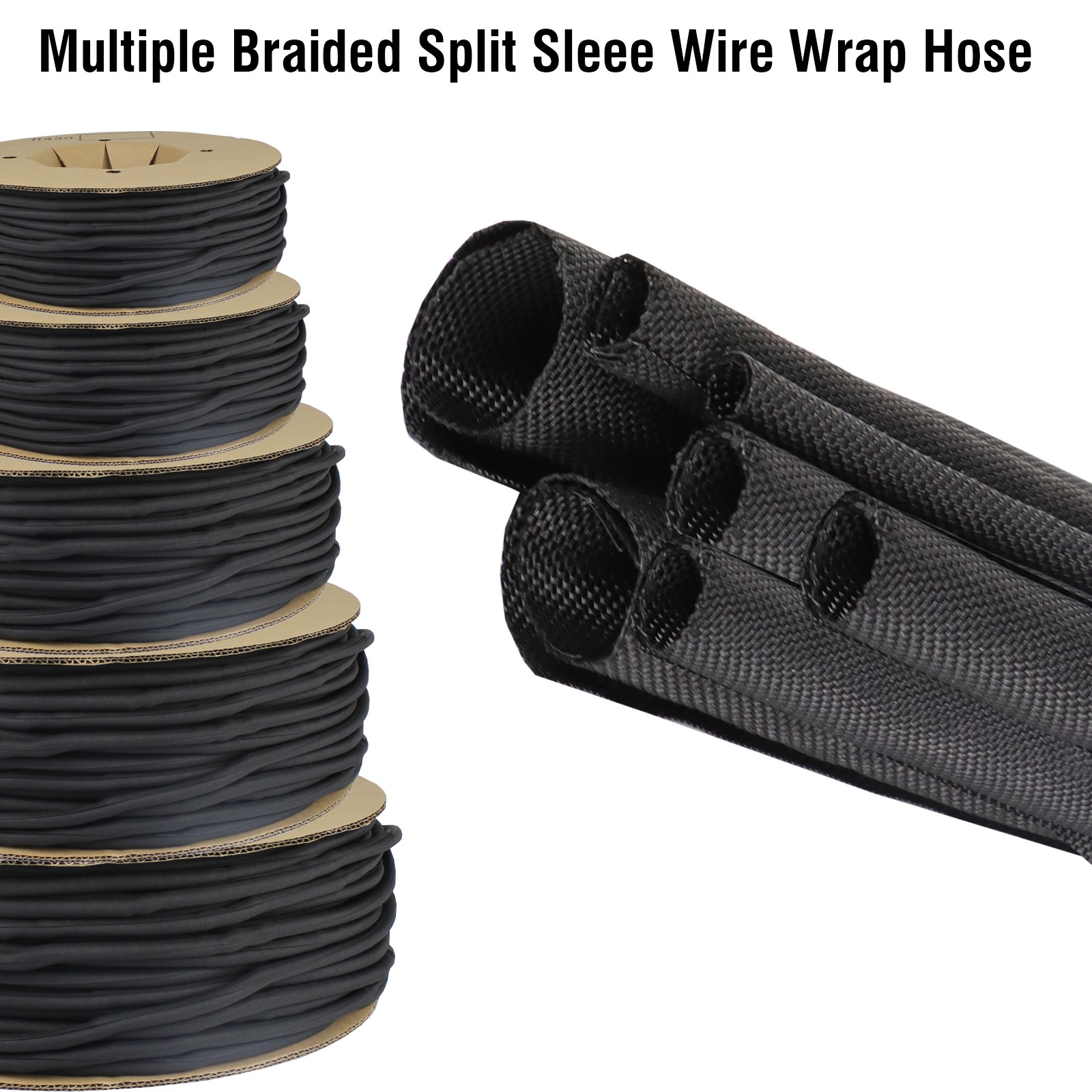 Split Braided Cable Sleeve Self-Wrap Wire Loom for Auto Harness Protection Black