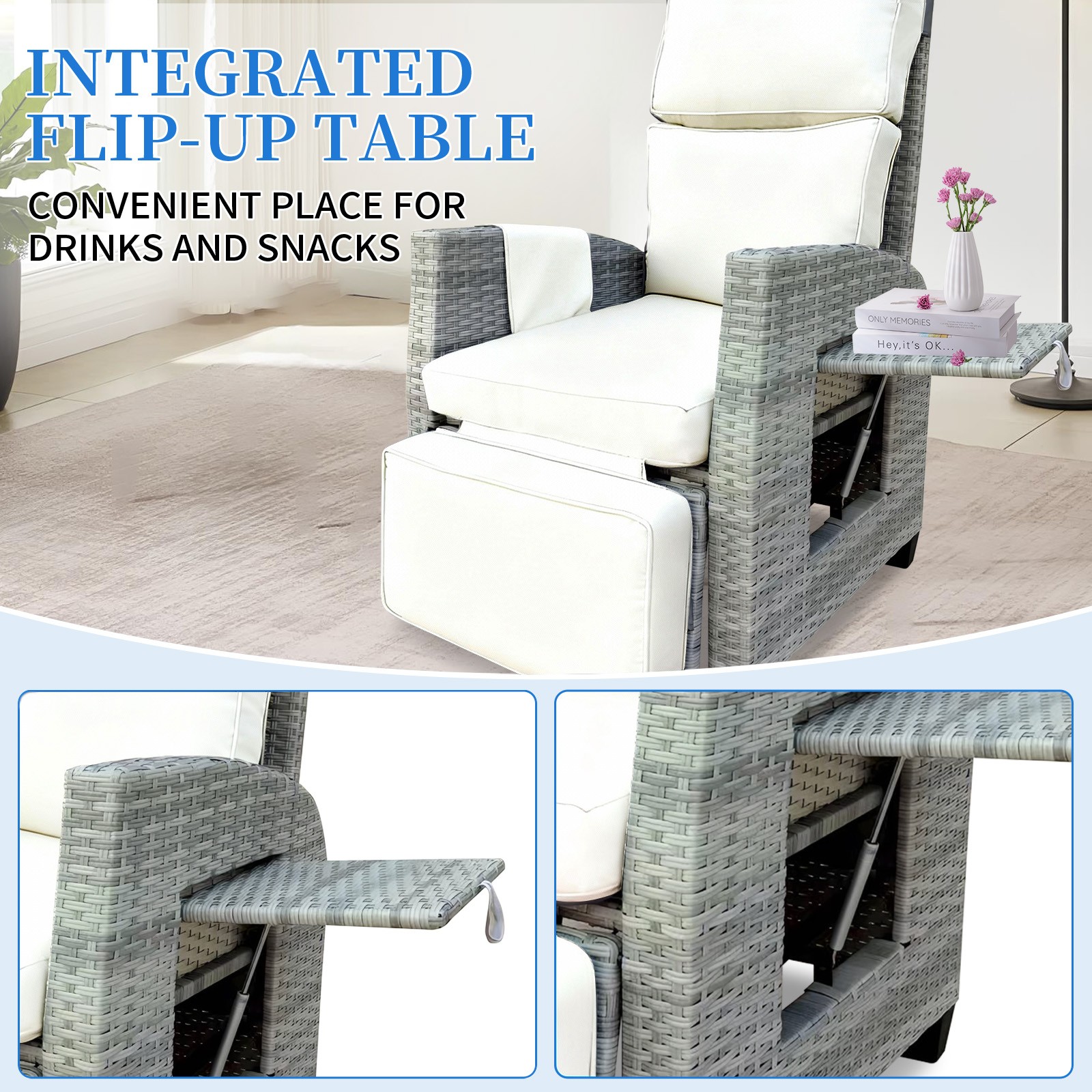 Outdoor Recliner, Patio Recliner Chair with Flip-up Table, Adjustable Backrest