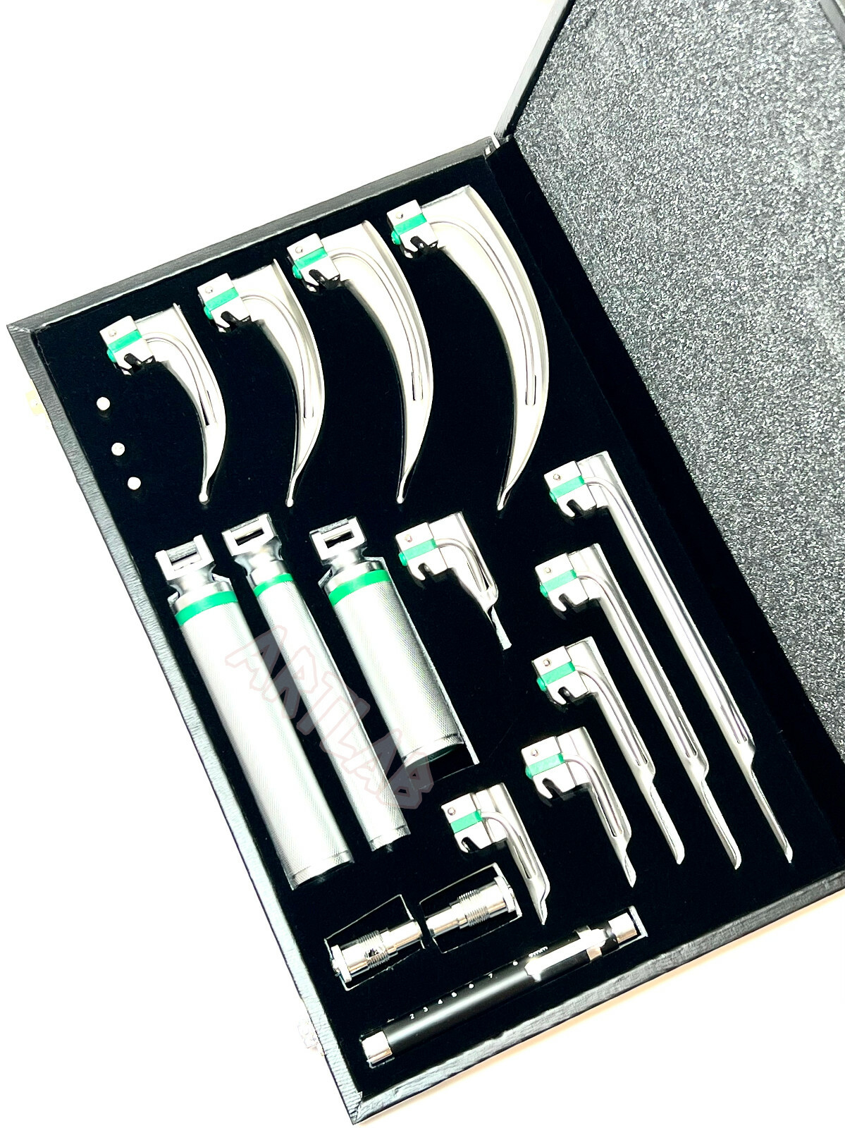 Premium Athentic FIBER OPTIC LARYNGOSCOPE SET MAC + MILLER SET OF 18 Intubation