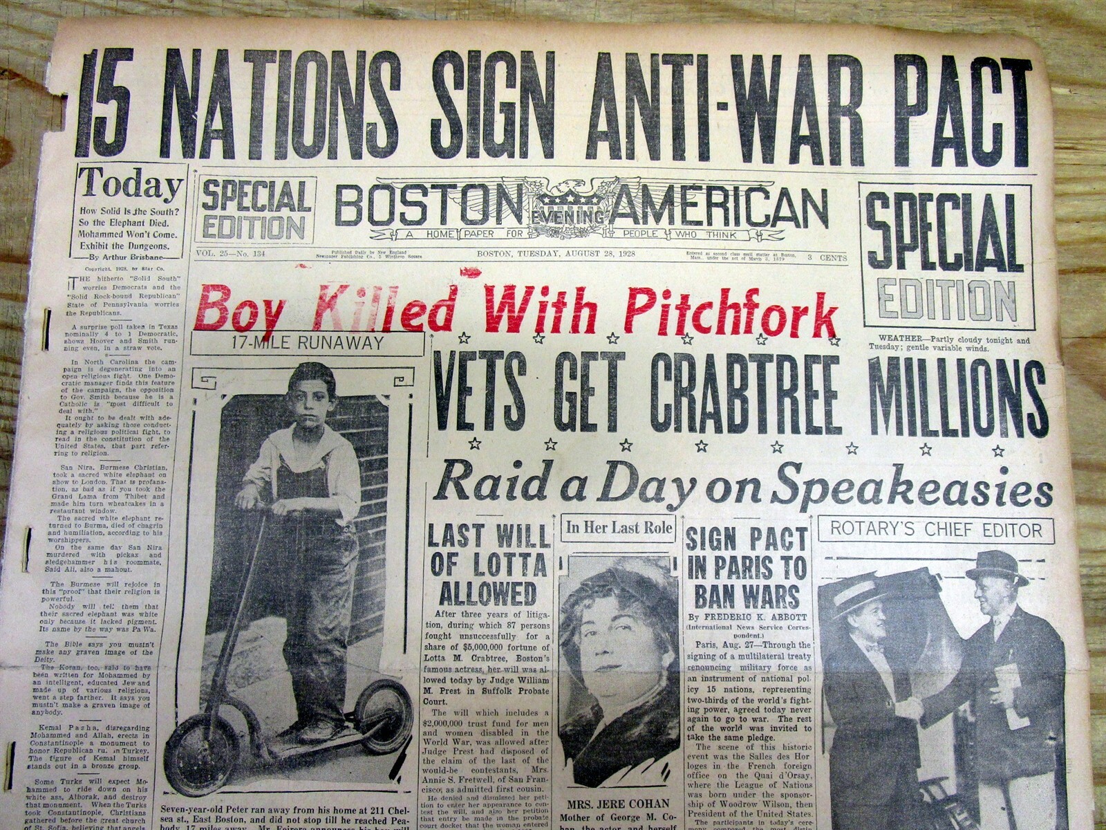 1928 newspaper WAR IS OUTLAWED BETWEEN NATIONS by THE KELLOGG-BRIAND PEACE PACT