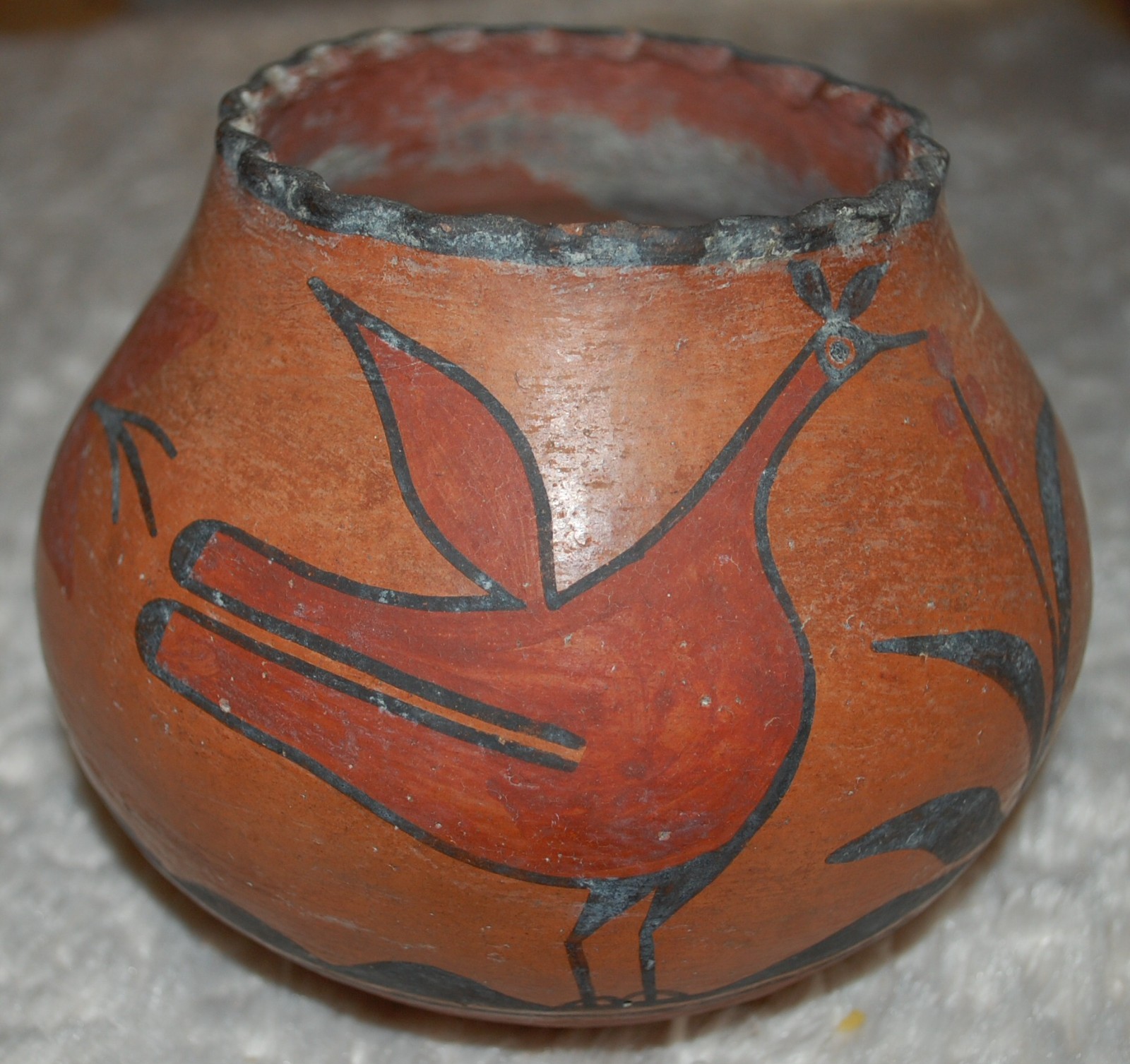 Early 1900-1920 Zia Pottery Jar with Bird and Flower figures- 6" diameter -Solid