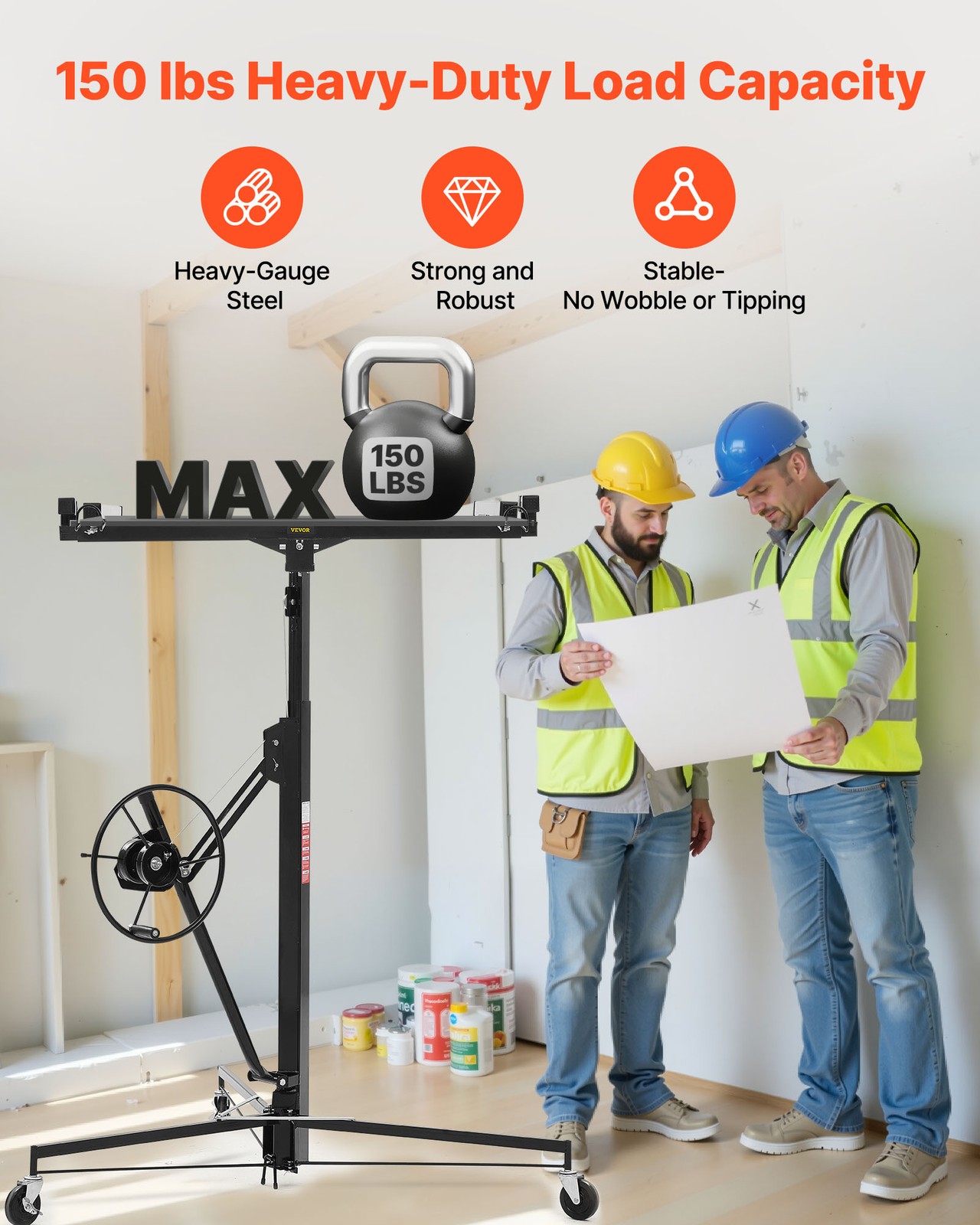 VEVOR 11ft Drywall Lift 150 lbs Sheetrock Hoist Adjustable Arm Lockable Wheels