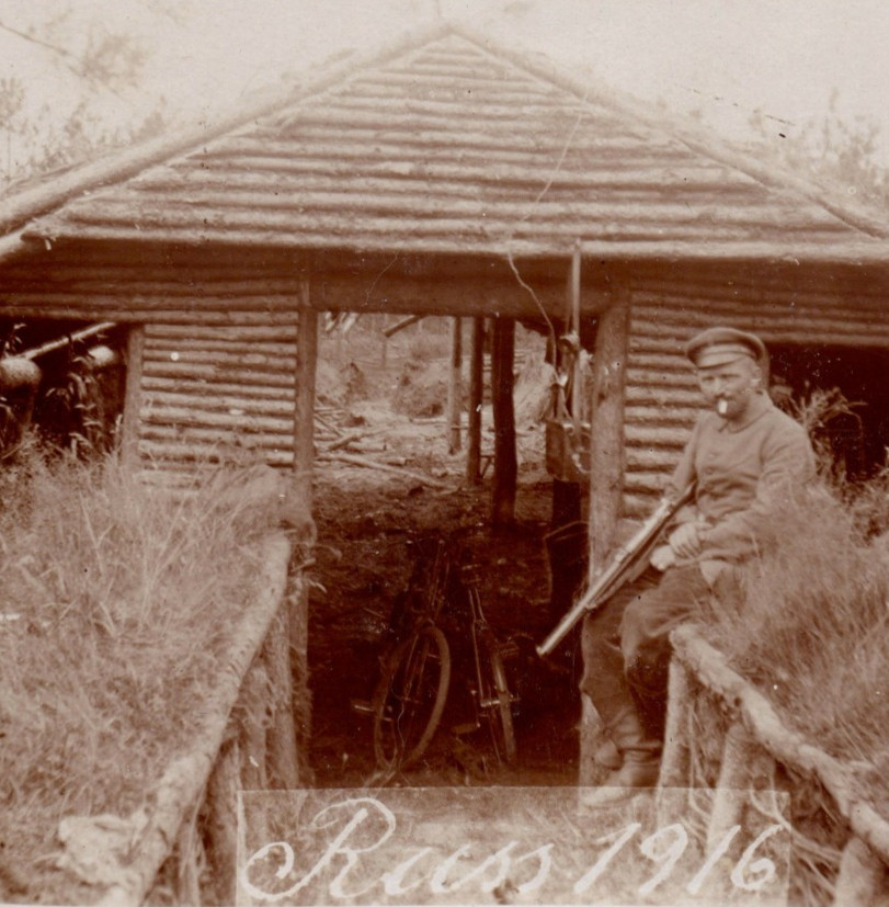WWI German Soldiers Bicycle Rifle Bunker Eastern Front Real Photo Postcard RPPC