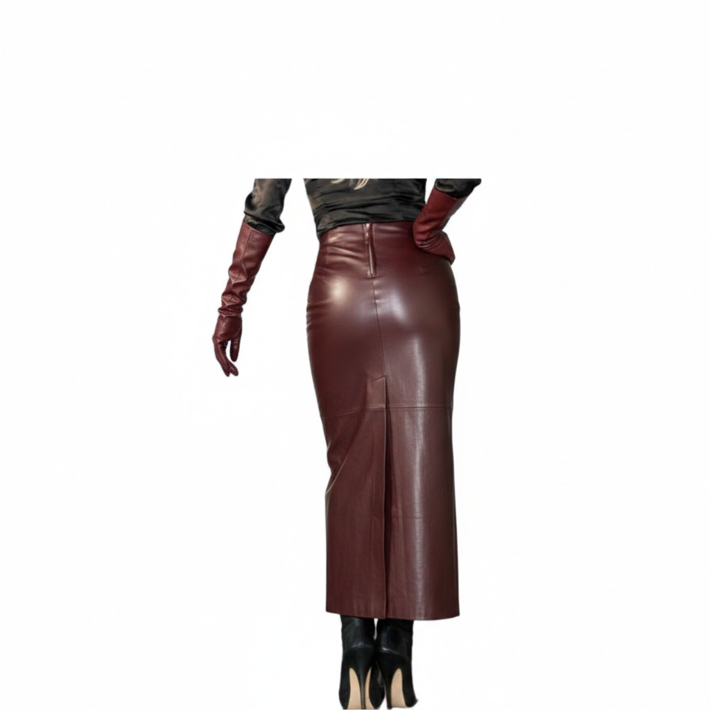 Burgundy Lambskin Women's Genuine Leather Skirt Outfit Long Leather Women Skirt