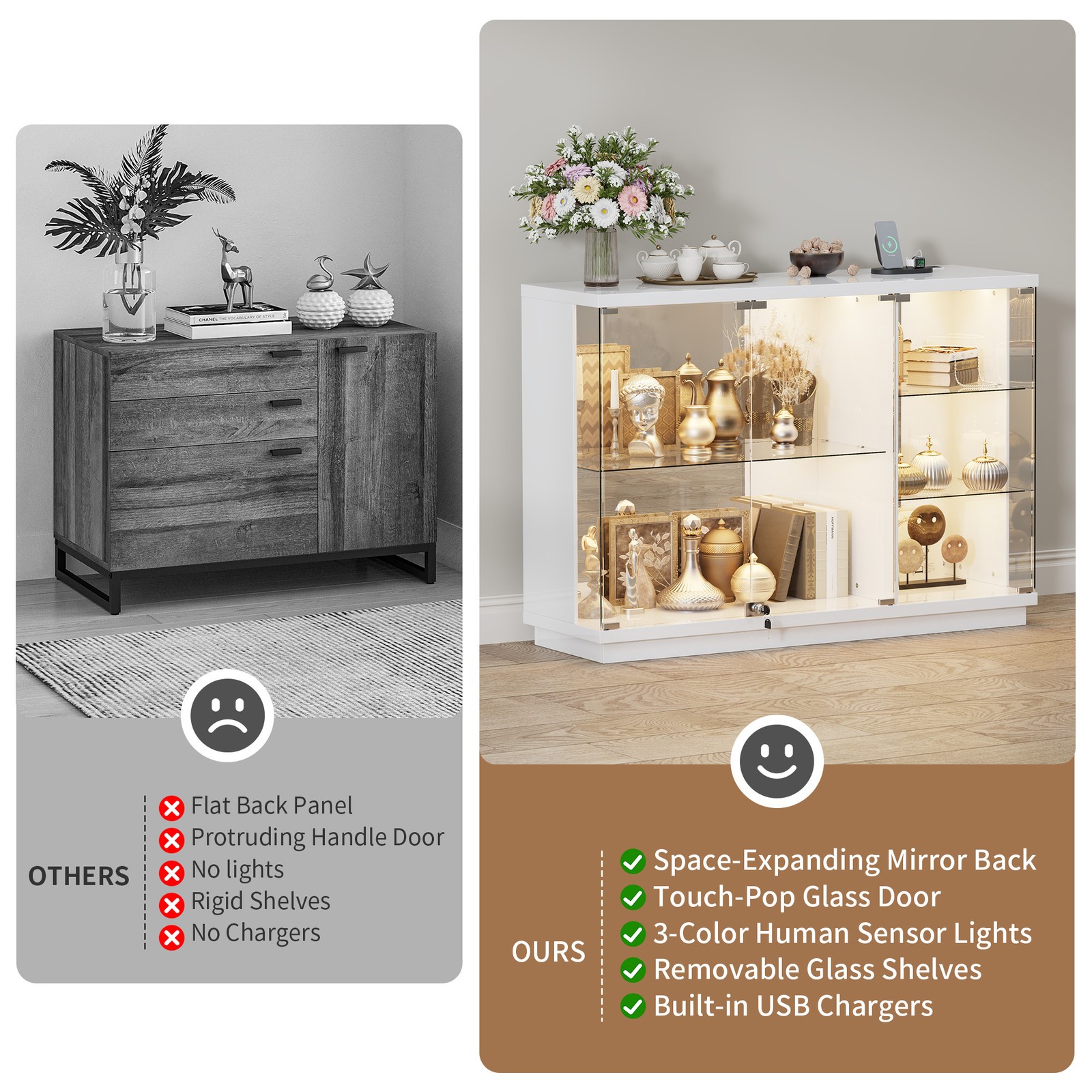 Gurexl Glass Display Cabinet with Lock, Display Cases with 3-Color LED Lights