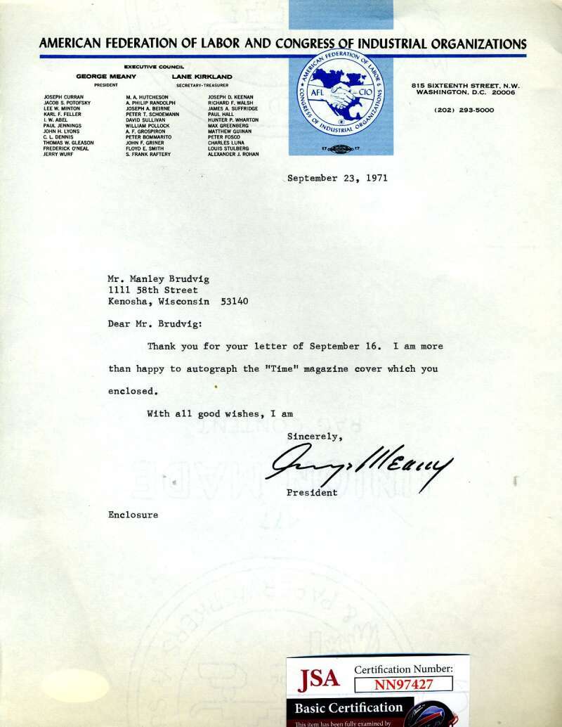 George Meaney JSA Coa Hand Signed AFLCIO President Letter Autograph