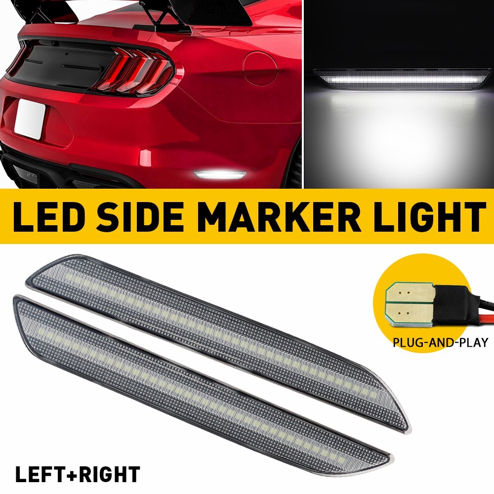 For 2015-2022 Ford Mustang LED Rear Bumper Side Marker Lights Clear Lens White
