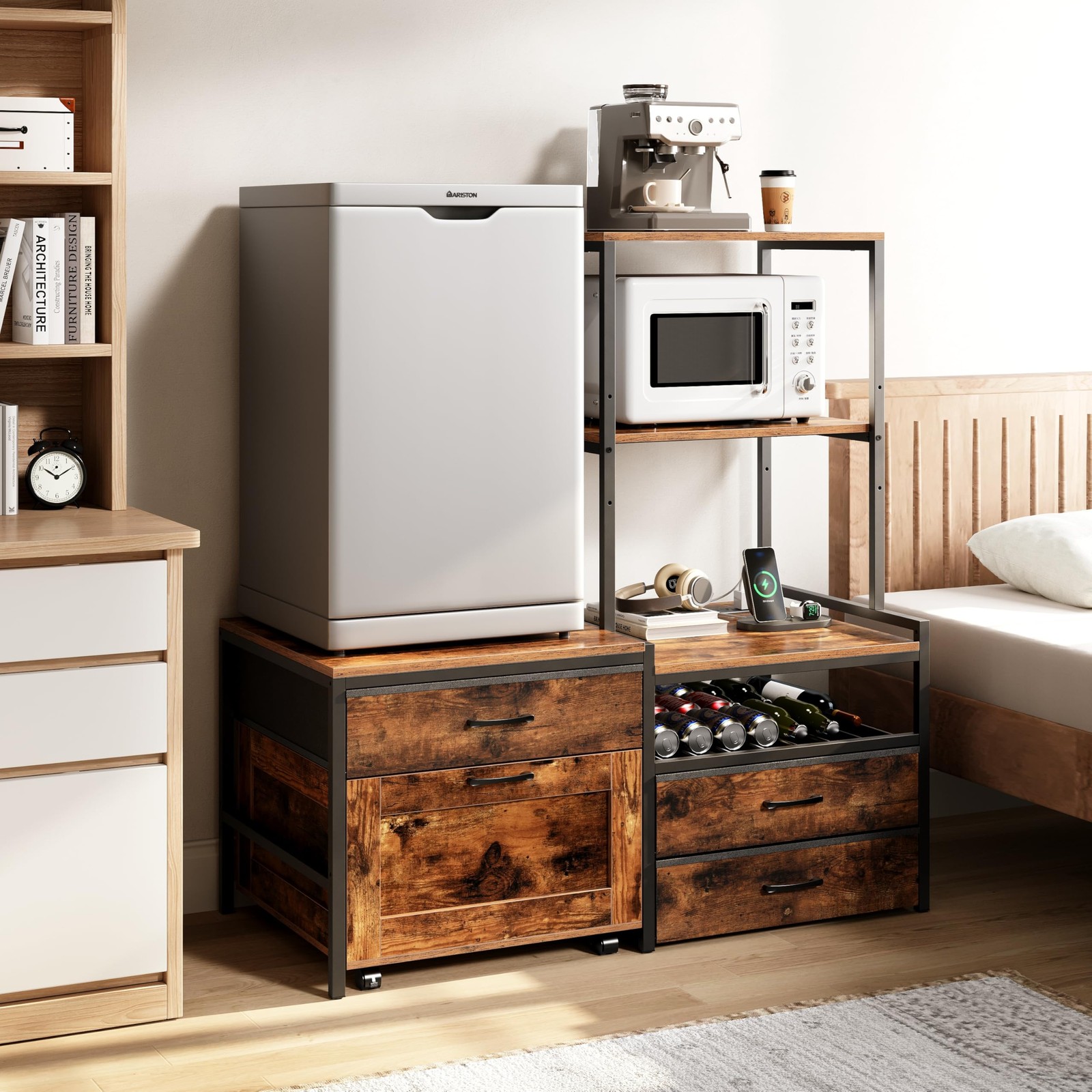 Mini Fridge Stand with Wine Rack Power Outlet Microwave Oven Stand Coffee Bar