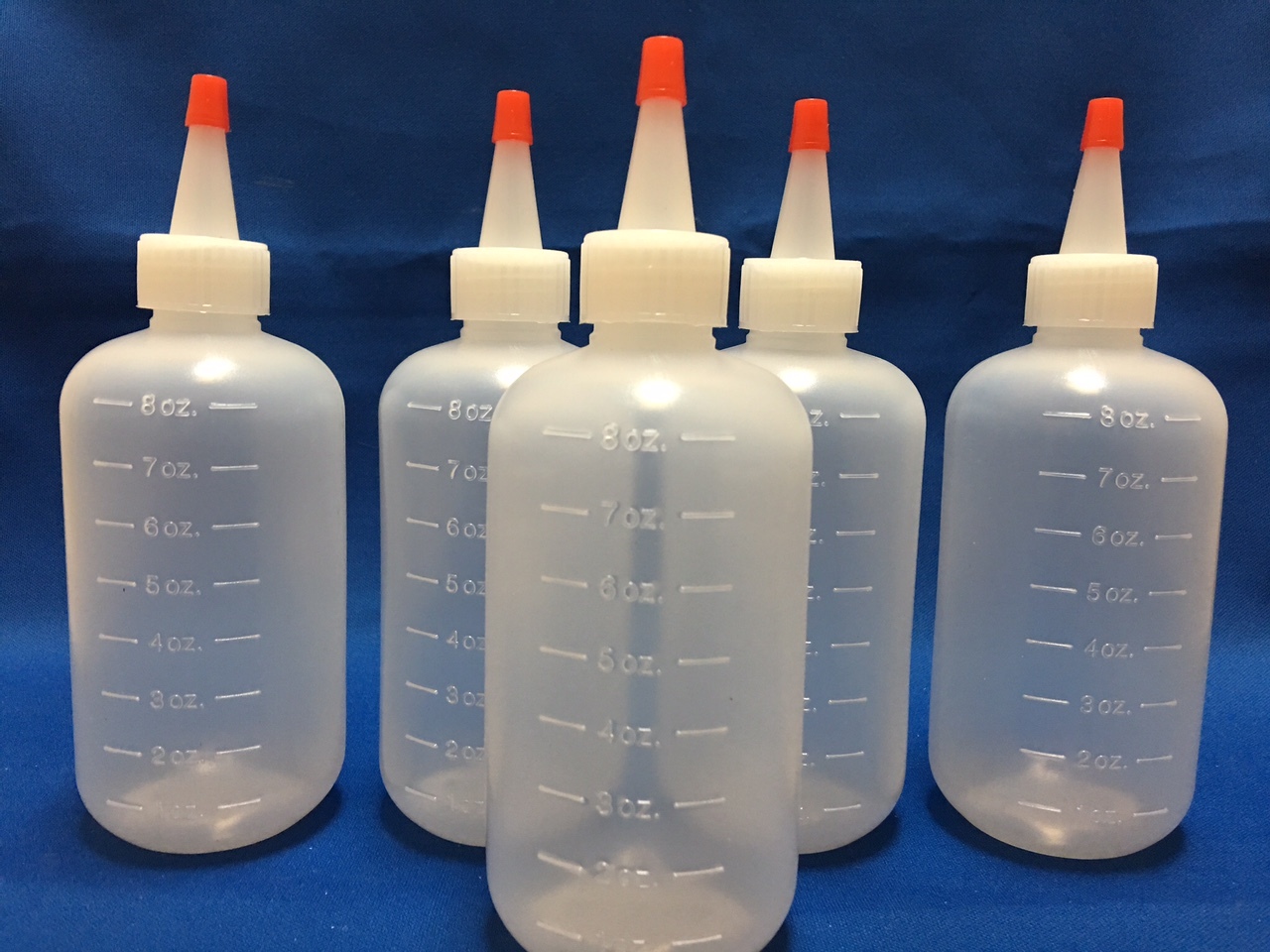 5 pack of 8oz (240mL) Plastic Boston Round Squeeze Bottles + Yorker Caps LDPE