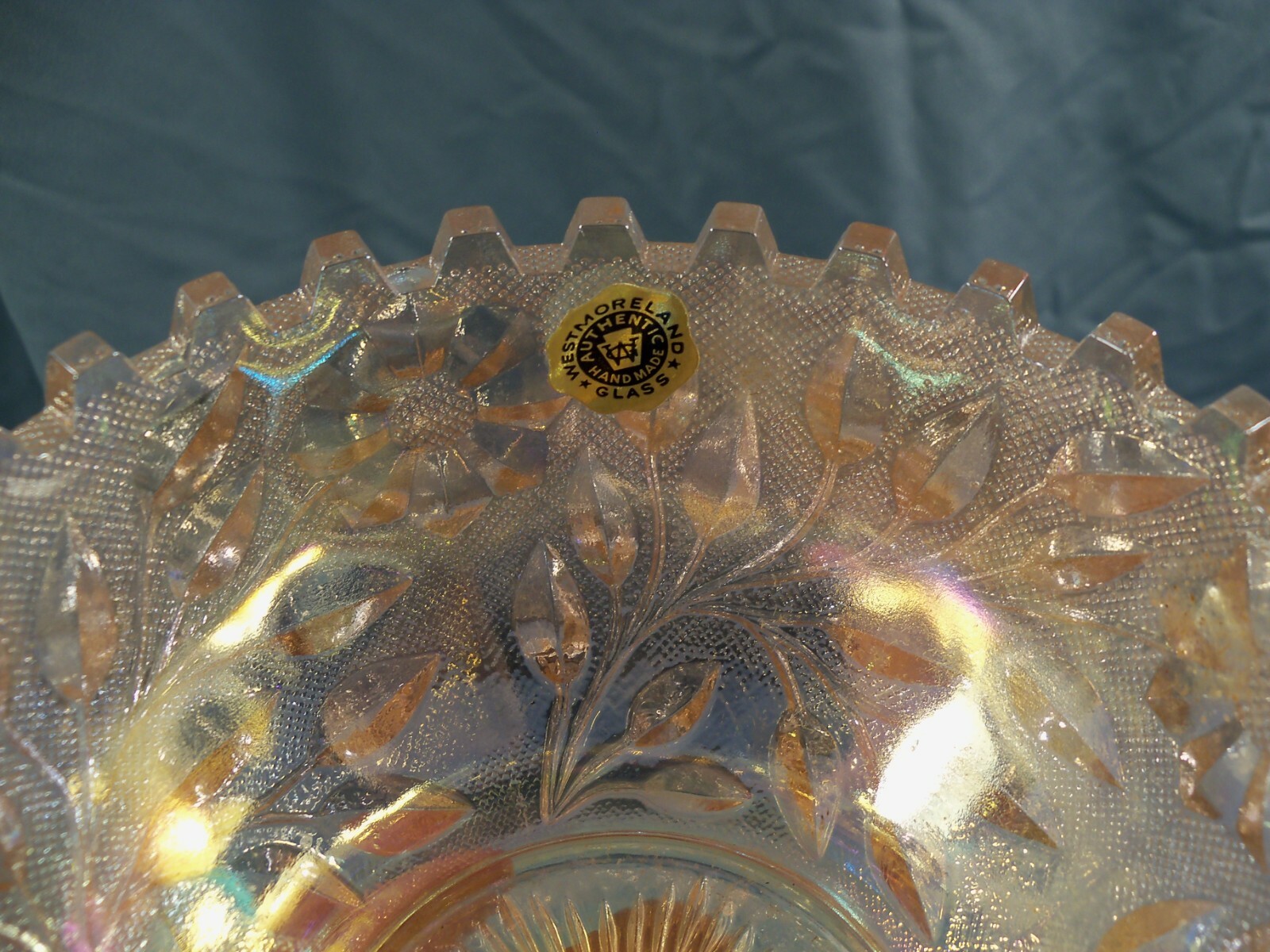 Westmoreland Pink Carnival Glass Wildflower & Lace Finger Bowl / Fireball Bottom