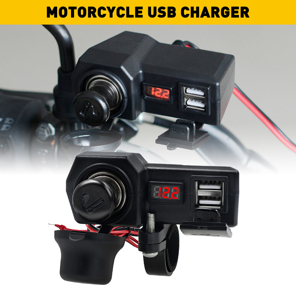 Motorcycle Handlebar Cigarette Lighter Socket Dual Charger USB W/ LED Voltmeter