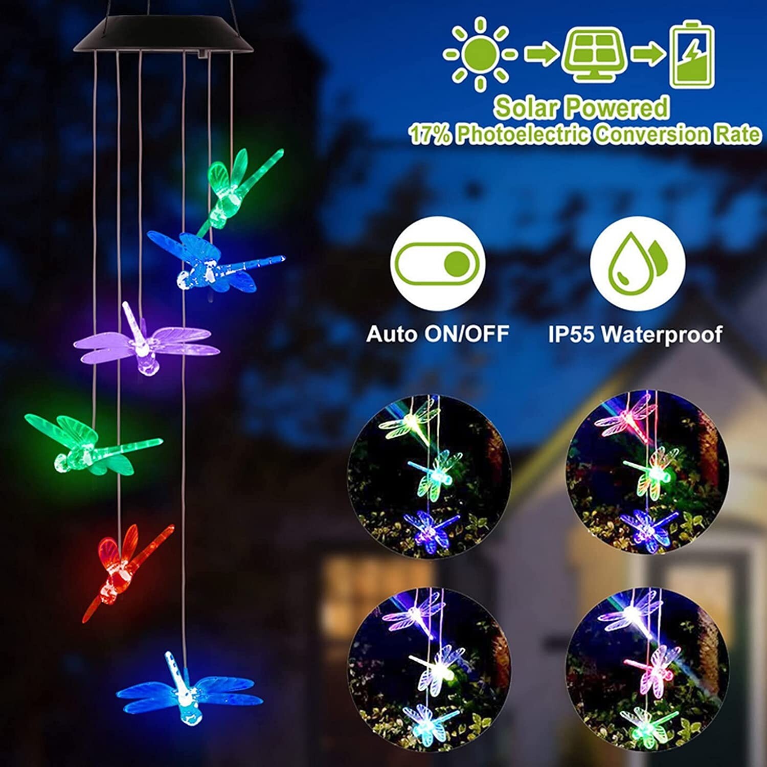 LED Solar Wind Chimes ,7 Color-Changing ,Cute Dragonfly Yard Home Garden Decor
