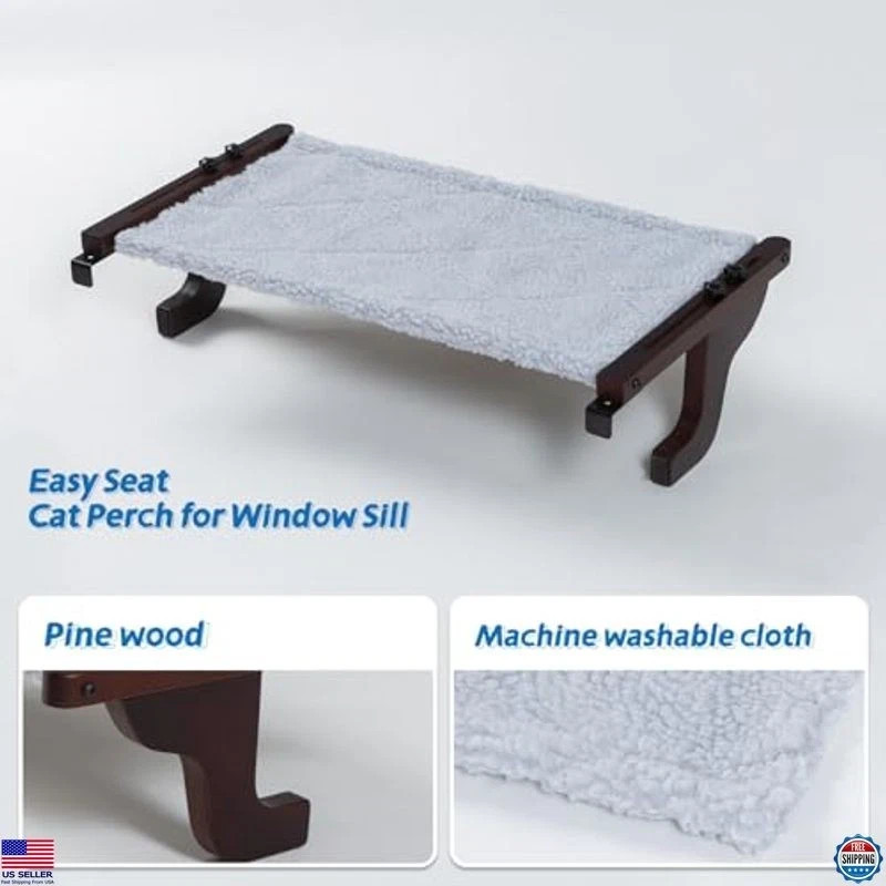2PC Cat Window Perch Hammock - Pine Wood & Metal Frame, Gray Bed, 23''W x 14''D