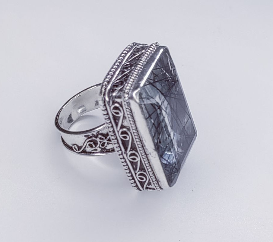 Black Rutialted Quartz Gemstone Handmade 925 Sterling Silver Jewelry Ring