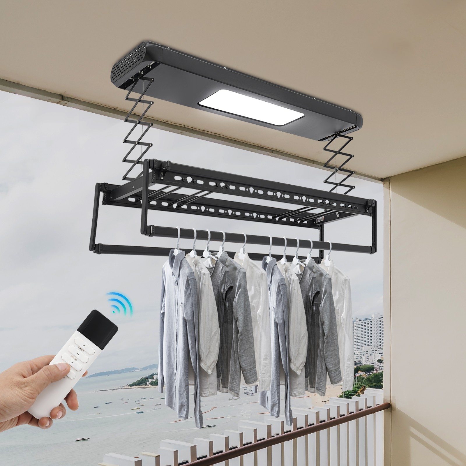 Electric Retractable Airing Rack Clothes Drying Rack W/ Remote Control & Light