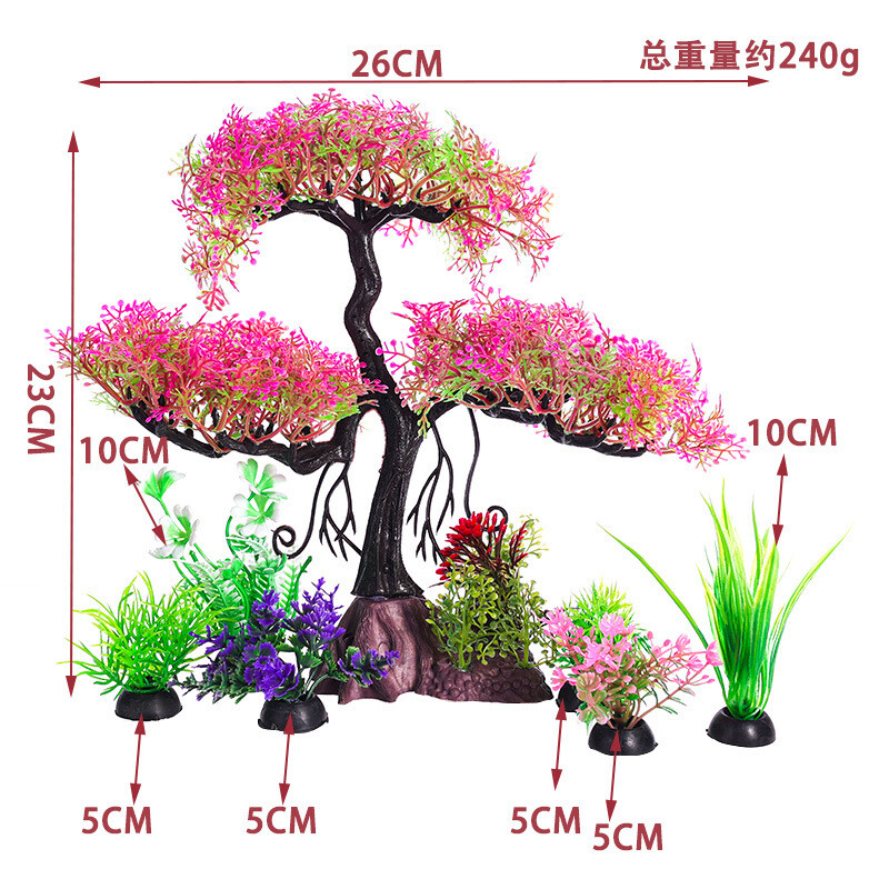 Aquarium Artificial Plants Cherry Blossom Tree & Grass Fish Tank Decor Set Kit