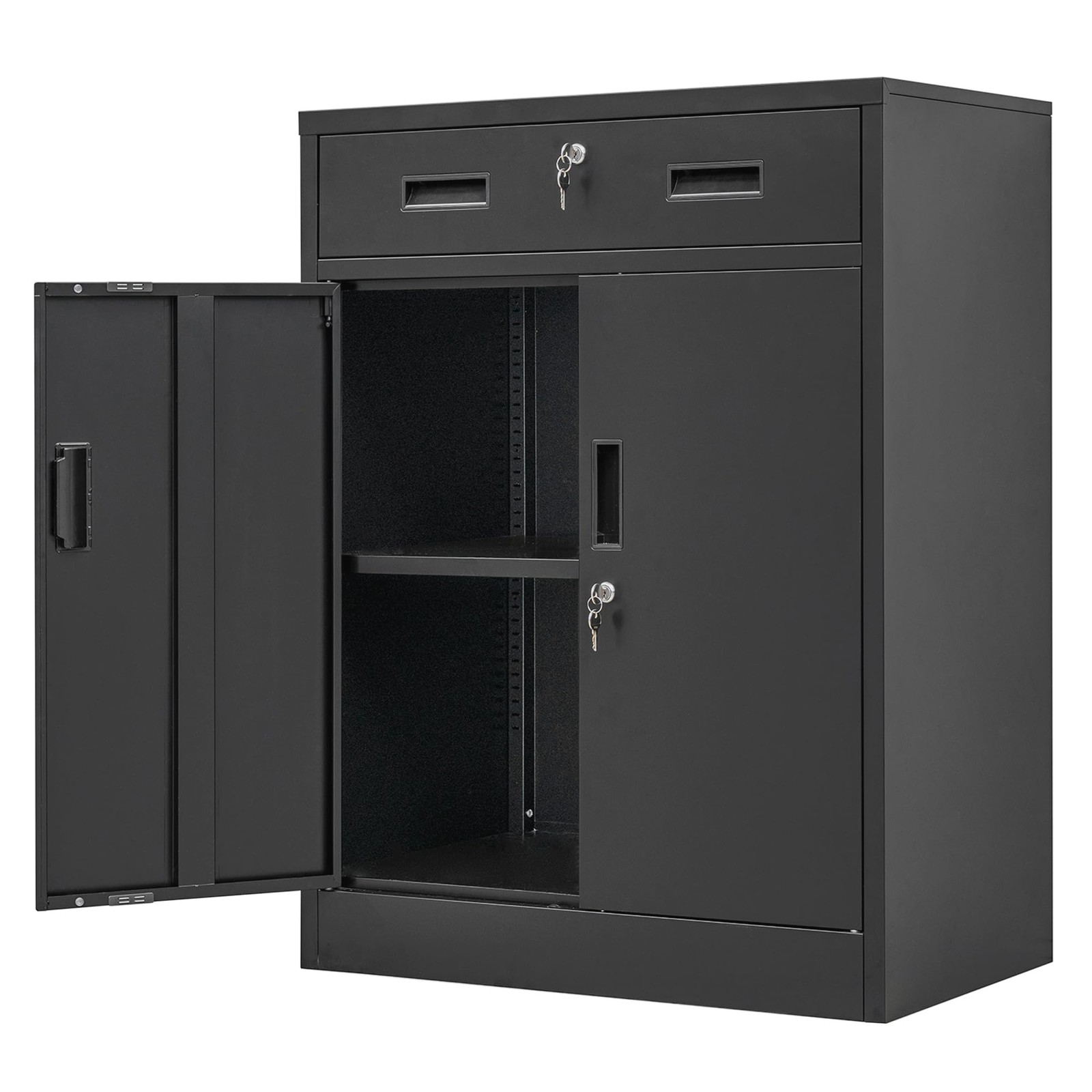Metal Storage Cabinet, Locking Cabinet with One Drawer and Adjustable Shelf