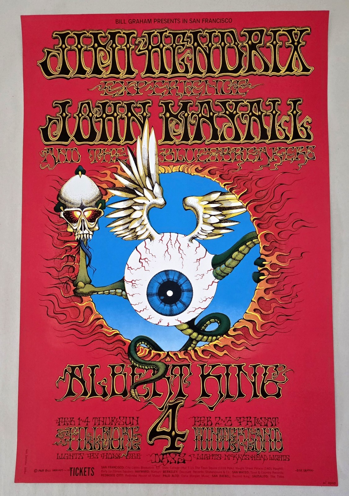 JIMI HENDRIX EXPERIENCE "Flying Eyeball" Poster Rick Griffin 14" x 21" Fillmore