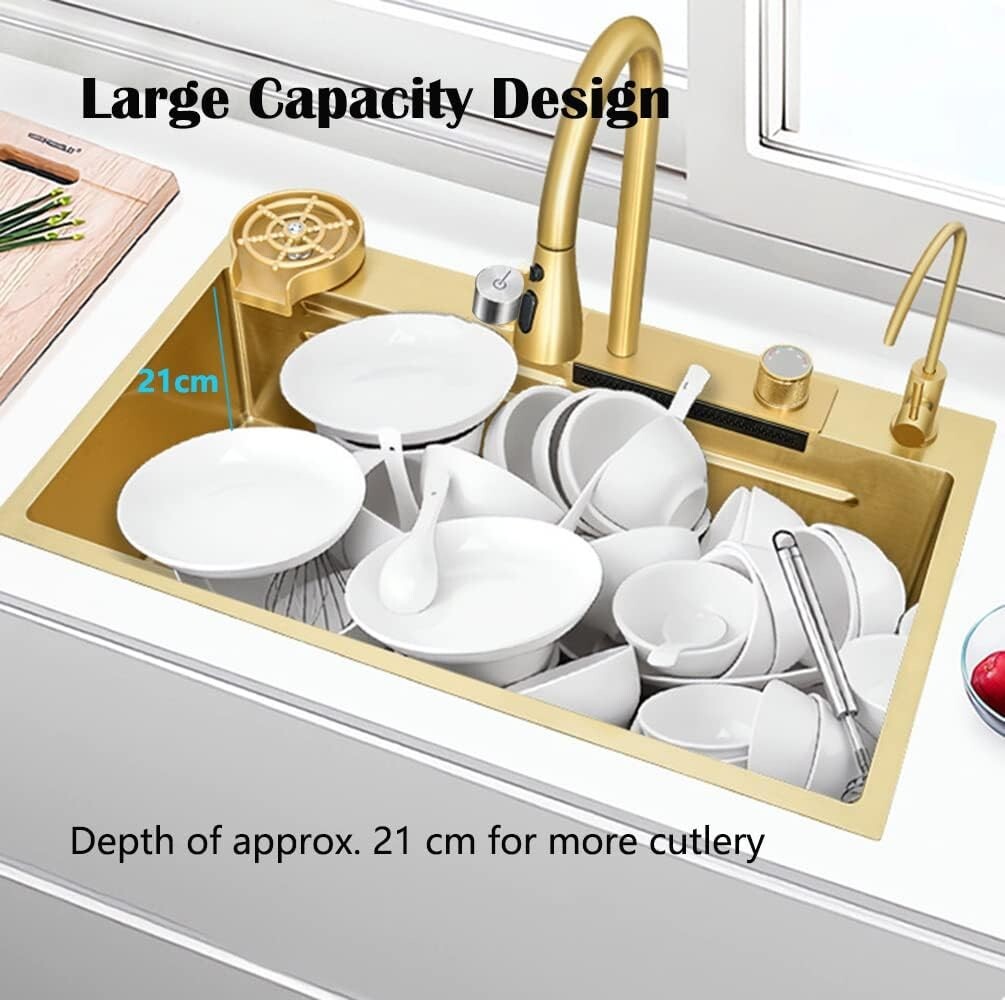 33x22 IN Gold Flying Rain Stainles Steel Watefall Kitchen Sink w PullDown Faucet