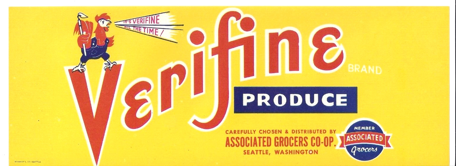 Original VERIFINE vegetable crate label Associated Grocers Co Seattle WA rooster