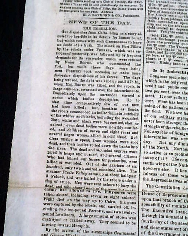 FORT PILLOW MASSACRE Confederate Nathan Forrest Negroes Killed 1864 Civil War