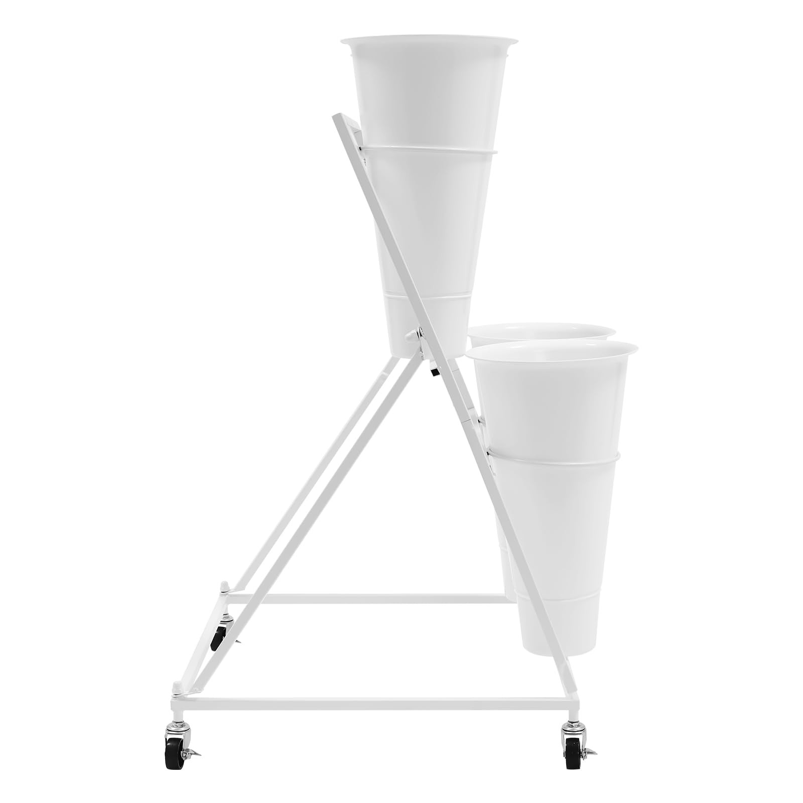 Heavy Duty Iron Flower Stand with Wheels 2 Layers 4 Plastic Buckets White
