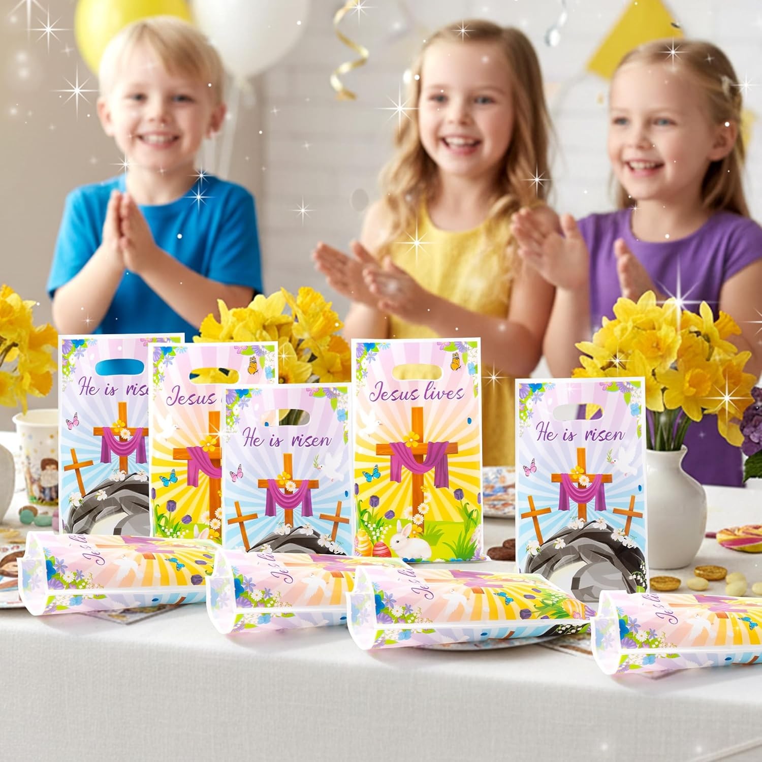 50Pcs Easter He is Risen Party Favor Bags Jesus Lives Religious Goodie Candy Tre