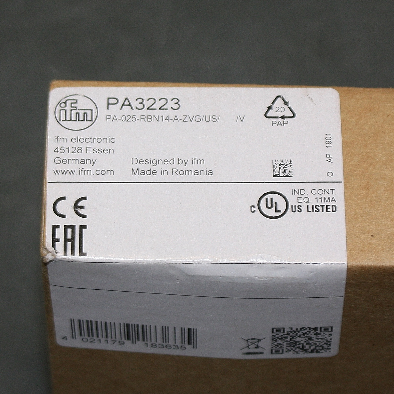 IFM Efector Electronic Pressure Transmitter PA3223, 1/4" NPT Port, 4 to 20 mA