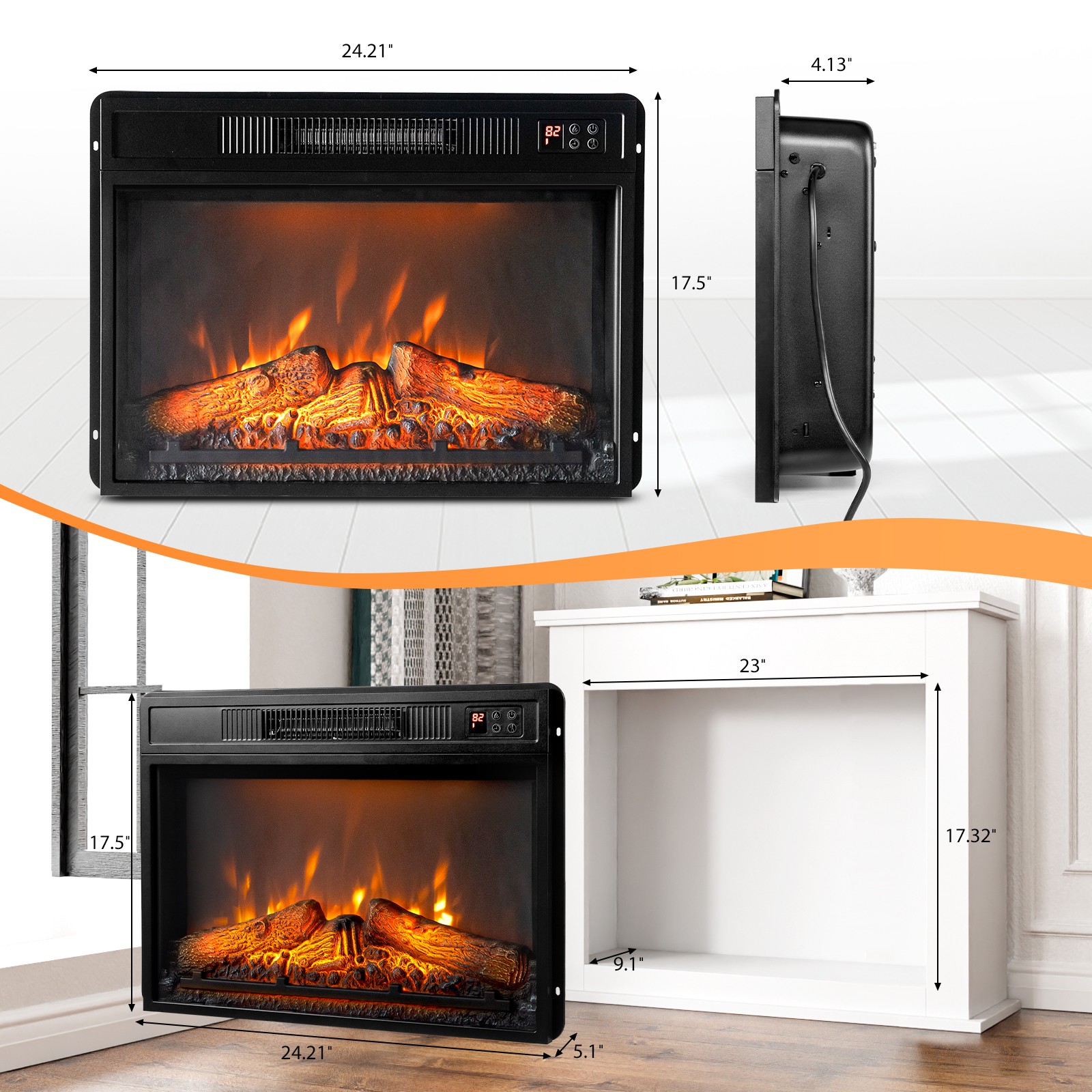 ROVSUN 23" WiFi Electric Fireplace Insert, 1400W Wall Recessed Fireplace Heater