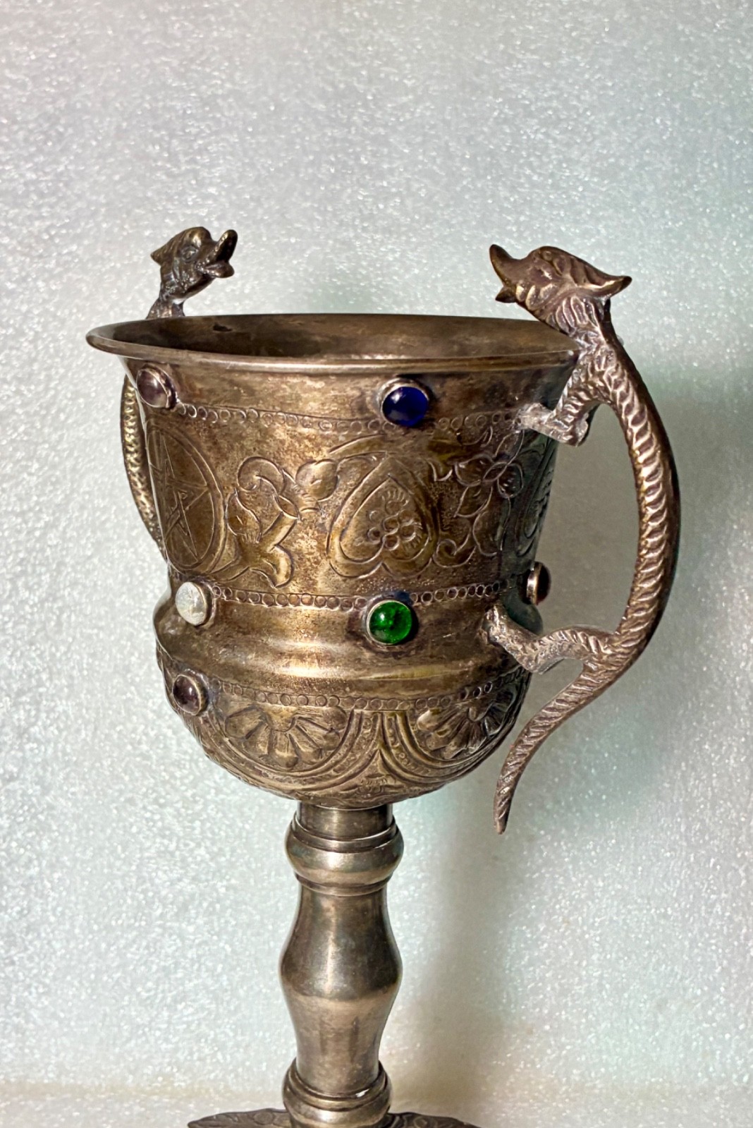 Chalice Carbochons Dragons Pentacle Stars Pentagram Hand Made Silver Plated 13”