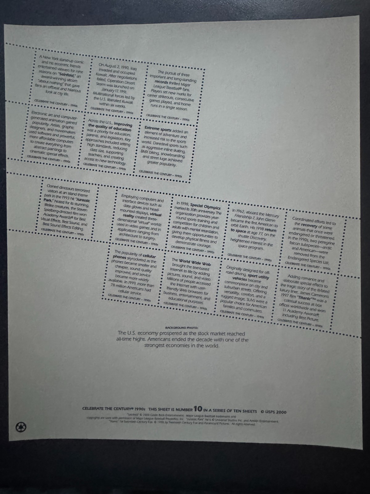 Scott #3191 Celebrate the Century—1990s Pane of 15 33¢ Stamps (1999)