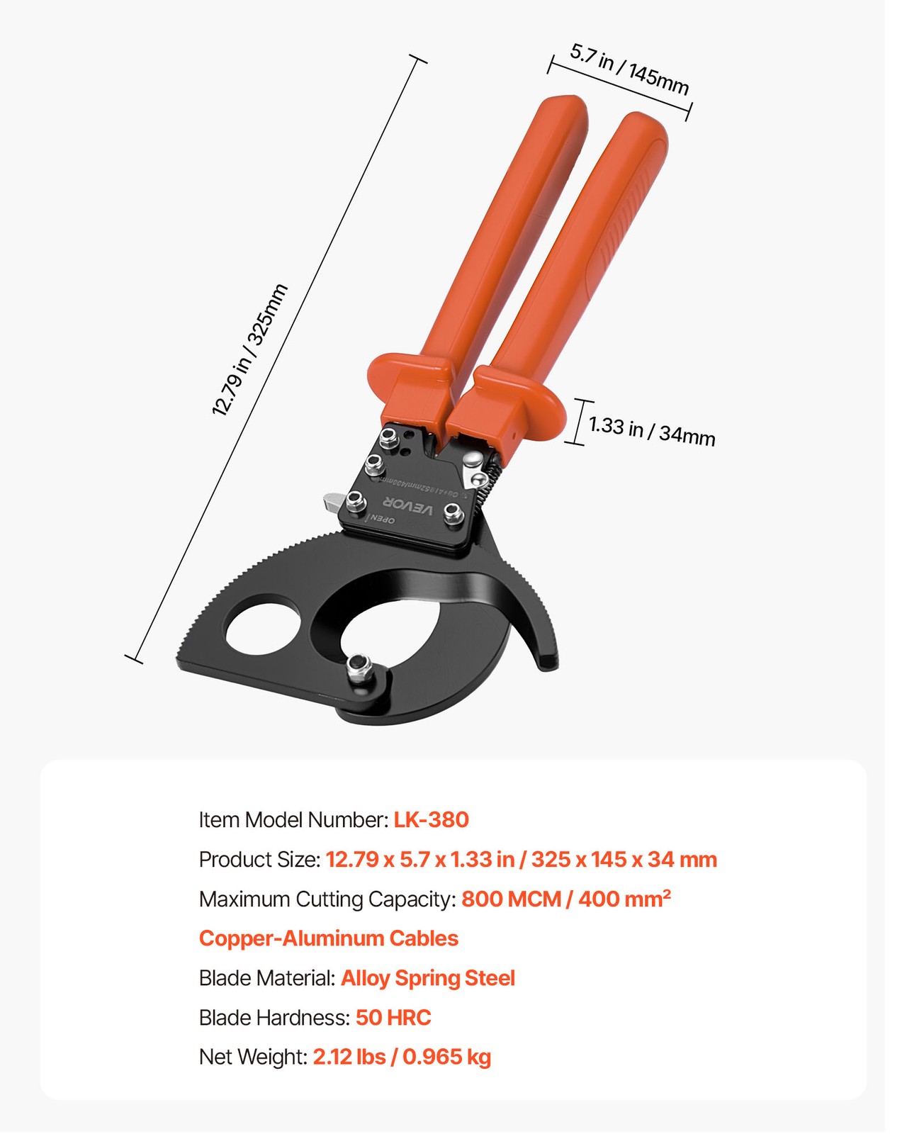 VEVOR Ratcheting Cable Cutter for Cutting Copper Aluminum 800 MCM / 400 mm²