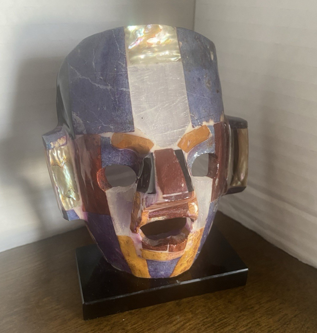 5" mosaic ceremonial burial death mask replica semi-precious stones Aztec Mayan