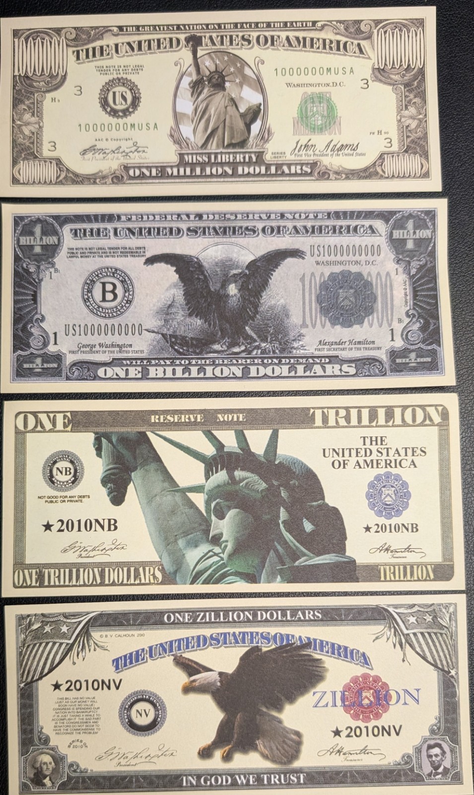 SET OF $1 Million, 1 Billion, 1 Trillion & 1 Zillion $ BILLS. Looks & feels real