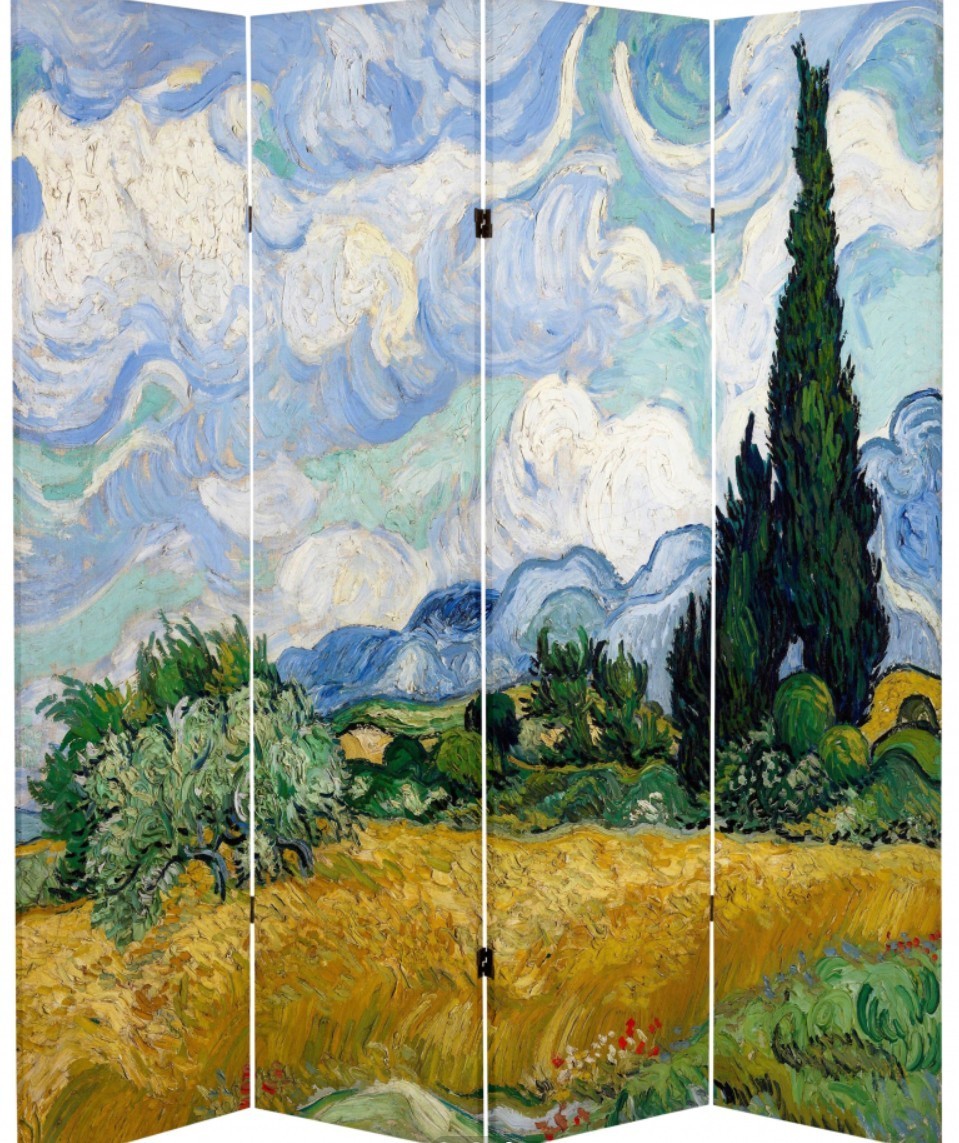Double-Sided Van Gogh Canvas Room Divider 6′ Tall, Almond Blossoms/Wheat Field