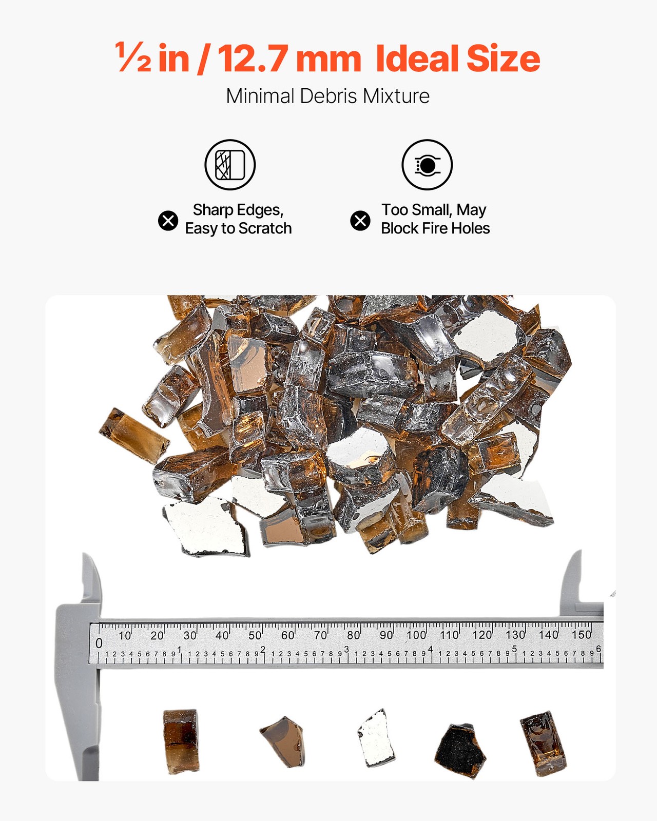 VEVOR 10 LBS Fire Glass 1/2-Inch Fireplace Glass Rocks for Fire Pit Table Copper