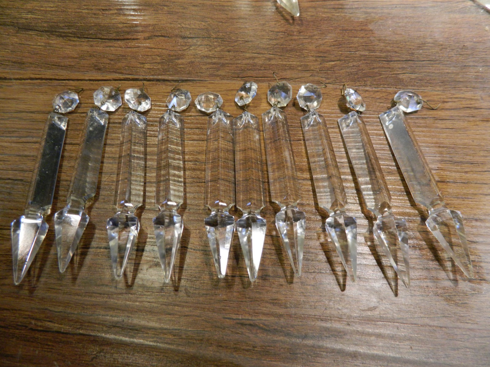 Vintage Set of 10 Prisms 3 Sided Crystal Prism Spears w/ Buttons 4 3/4" Long