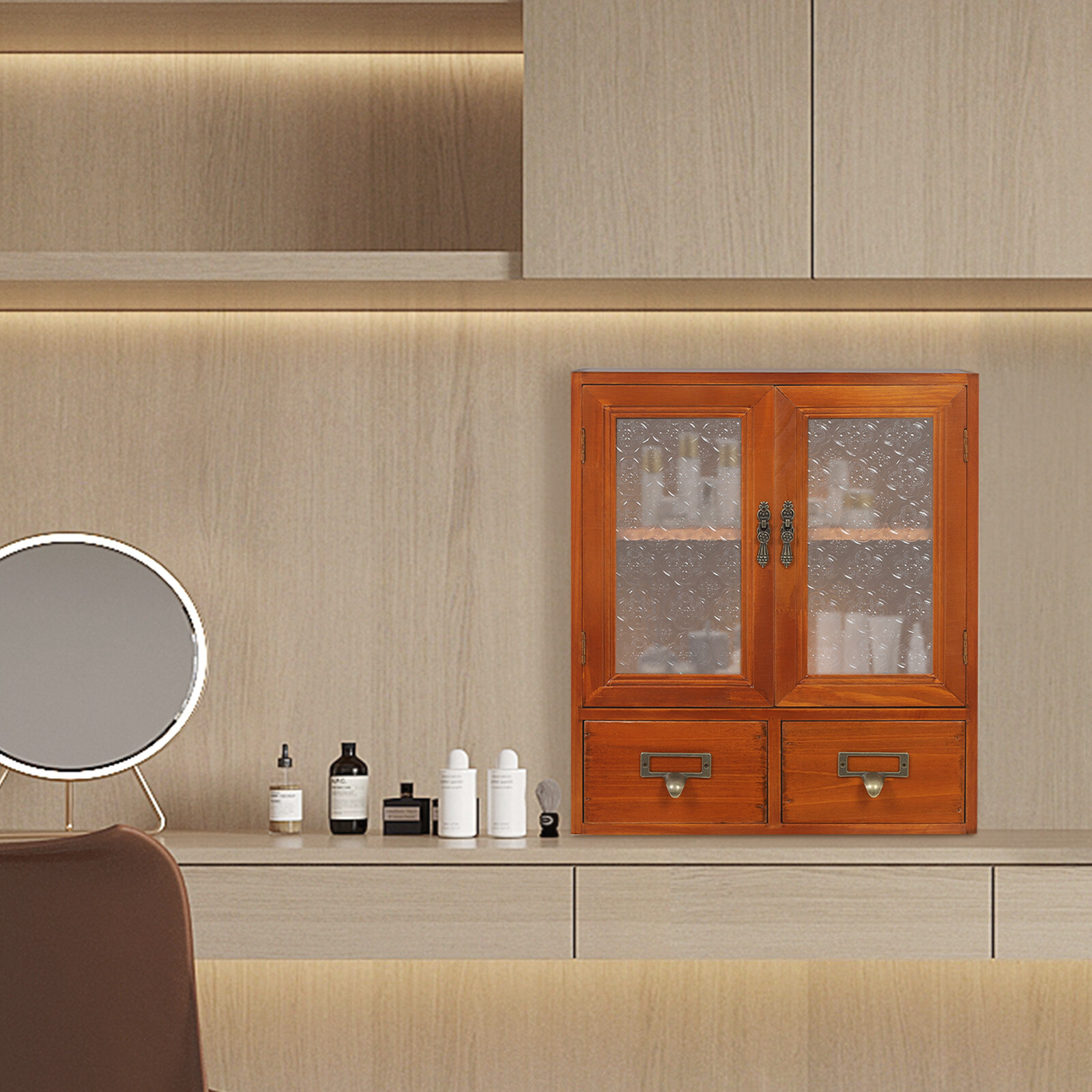 Wood Storage Cabinet, 2-tier Storage Cabinet with 2 drawers, Double Door Storage