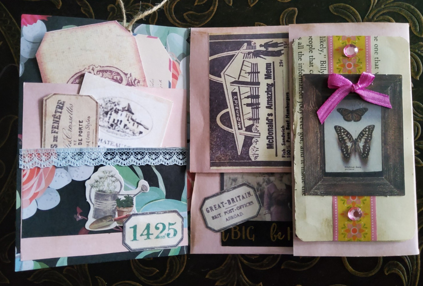 NEW Junk Journal Handmade Booklet Folio Vintage "PINK ROSES" w/ Pockets Ephemera