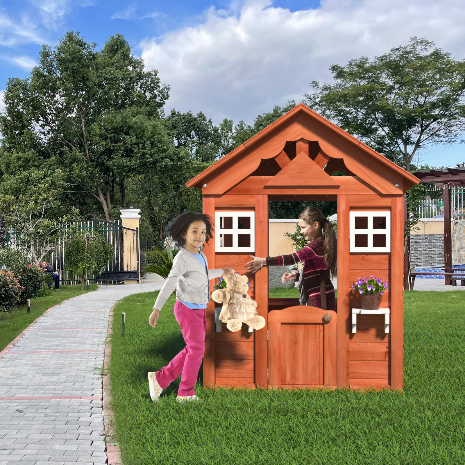 Wooden Playhouse for Kids Backyard Outdoor Cottage with Flowerpot Holder Window