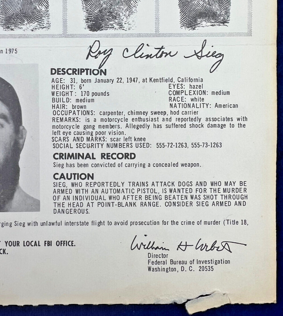 Hells Angels Vintage FBI Wanted Poster Roy Clinton Sieg Murder Motorcycle Gang