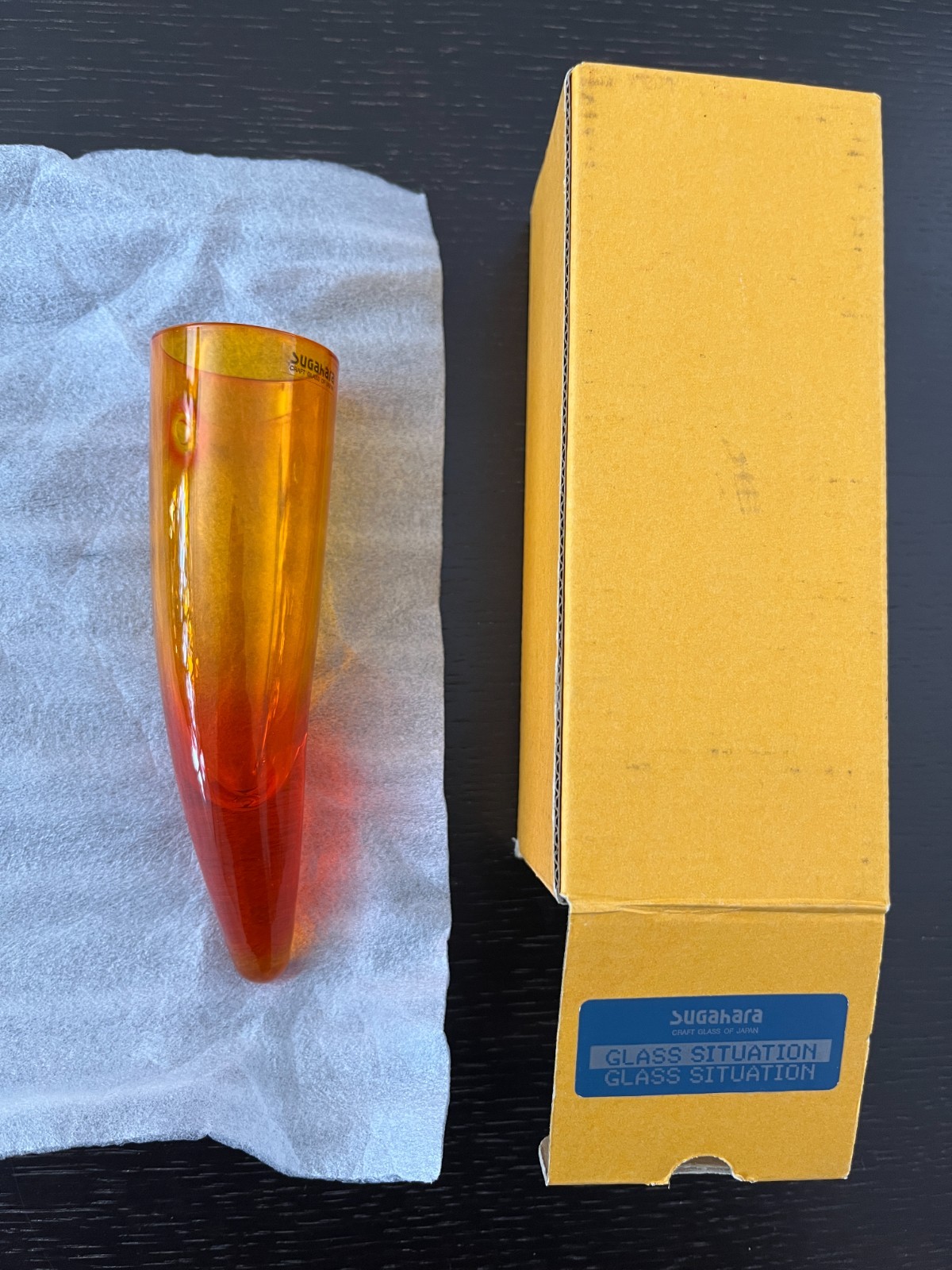 Vintage Sugahara Art Glass Wall Hanging Horn Vase Orange Japan NOS Box