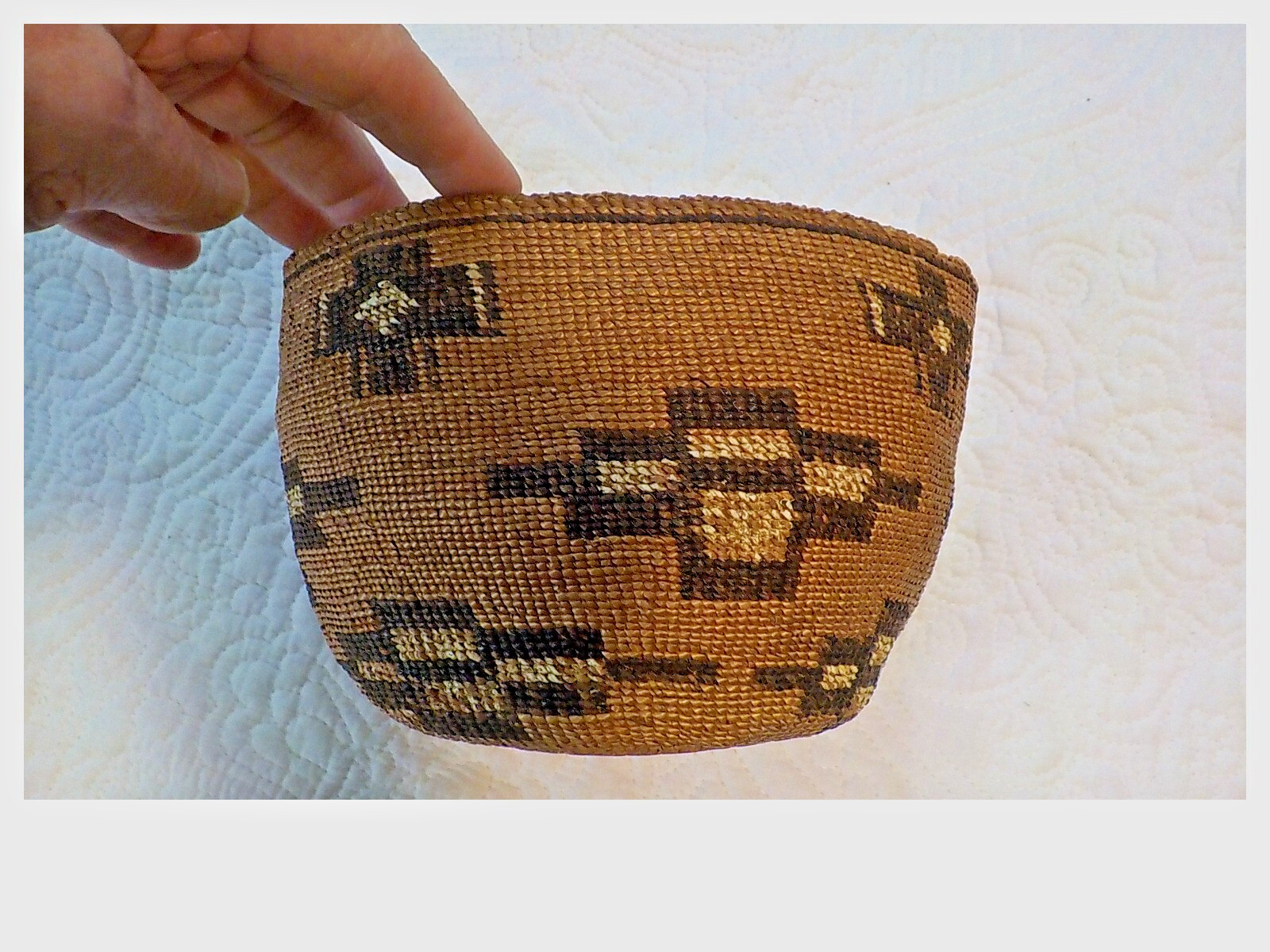 Antique Klamath Basket with Yellow dyed bird quill c. 1900 7" x 5"