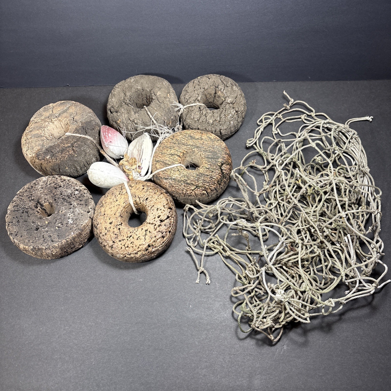 Vintage Lot Cork Fishing Floats Six Pieces Natural Cork Floats With Old Netting