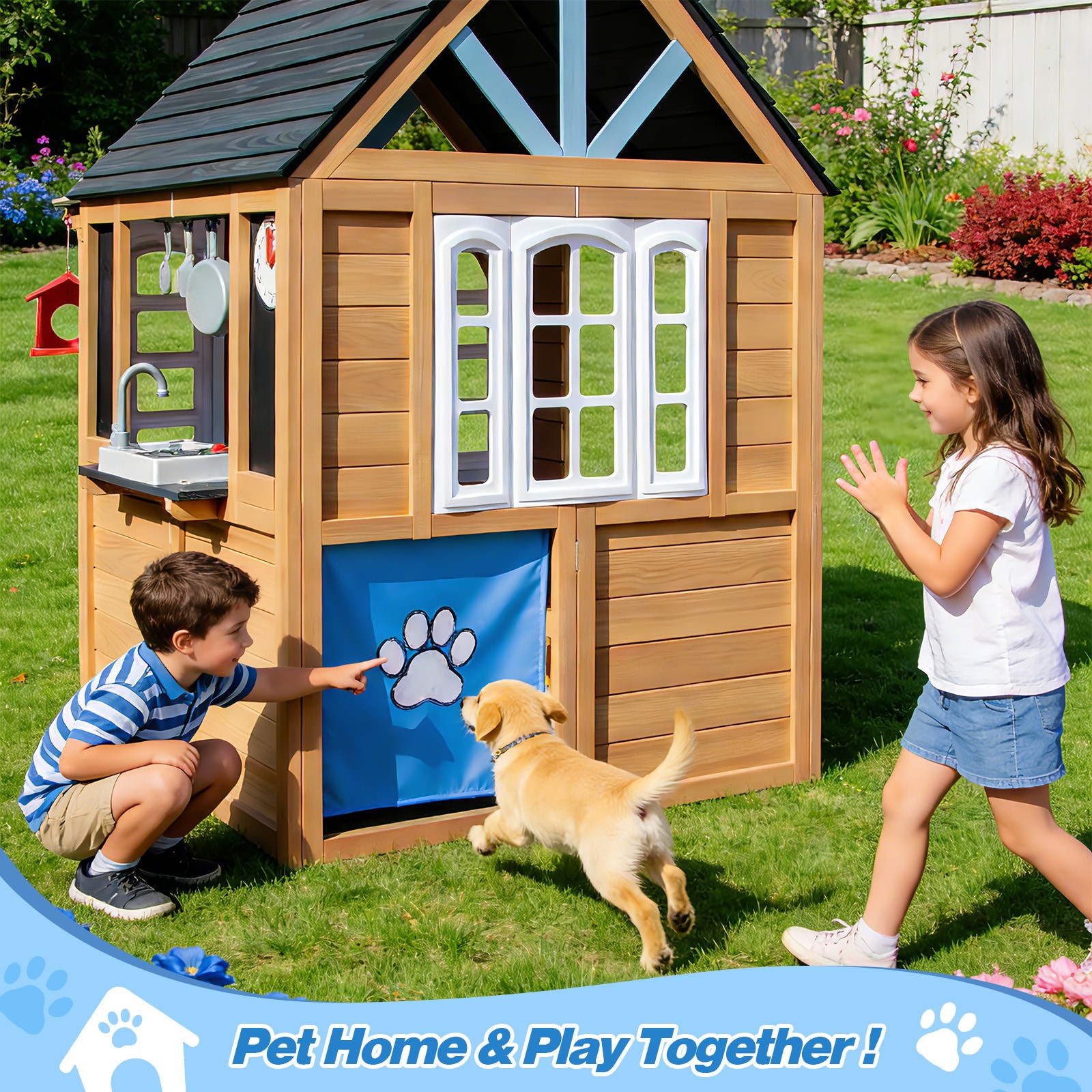 Wooden Kids Outdoor Playhouse with Window,Bench,Toy Kitchen,Flowerpot,Blackboard