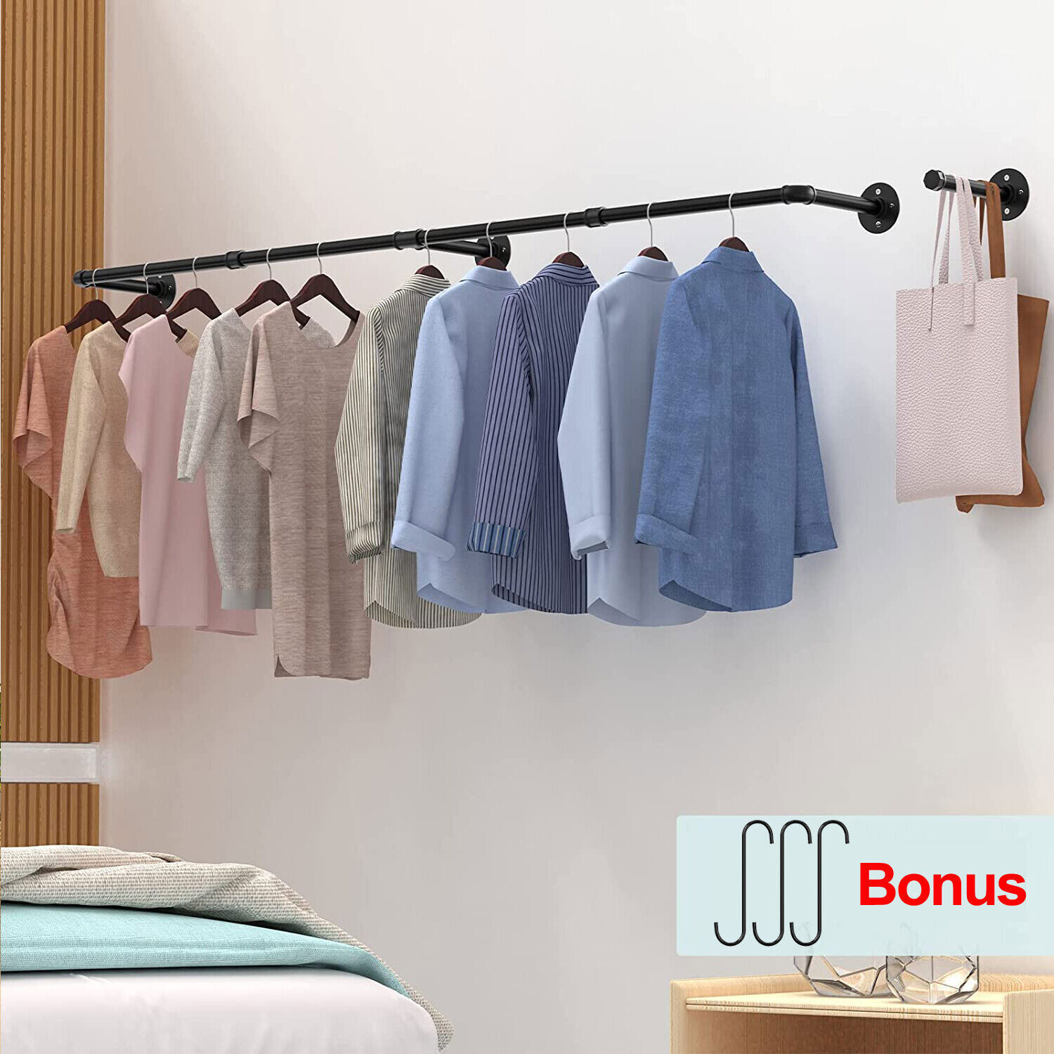 Heavy Duty Pipe Clothes Rack Garment Shelf Wall Mounted Ceiling Hanging Bar Rods