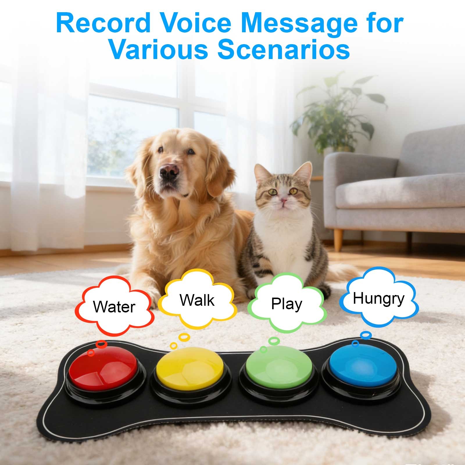 Dog Talking Buttons Communication Set 4 Recordable Voice Buttons w/ Pad Stickers
